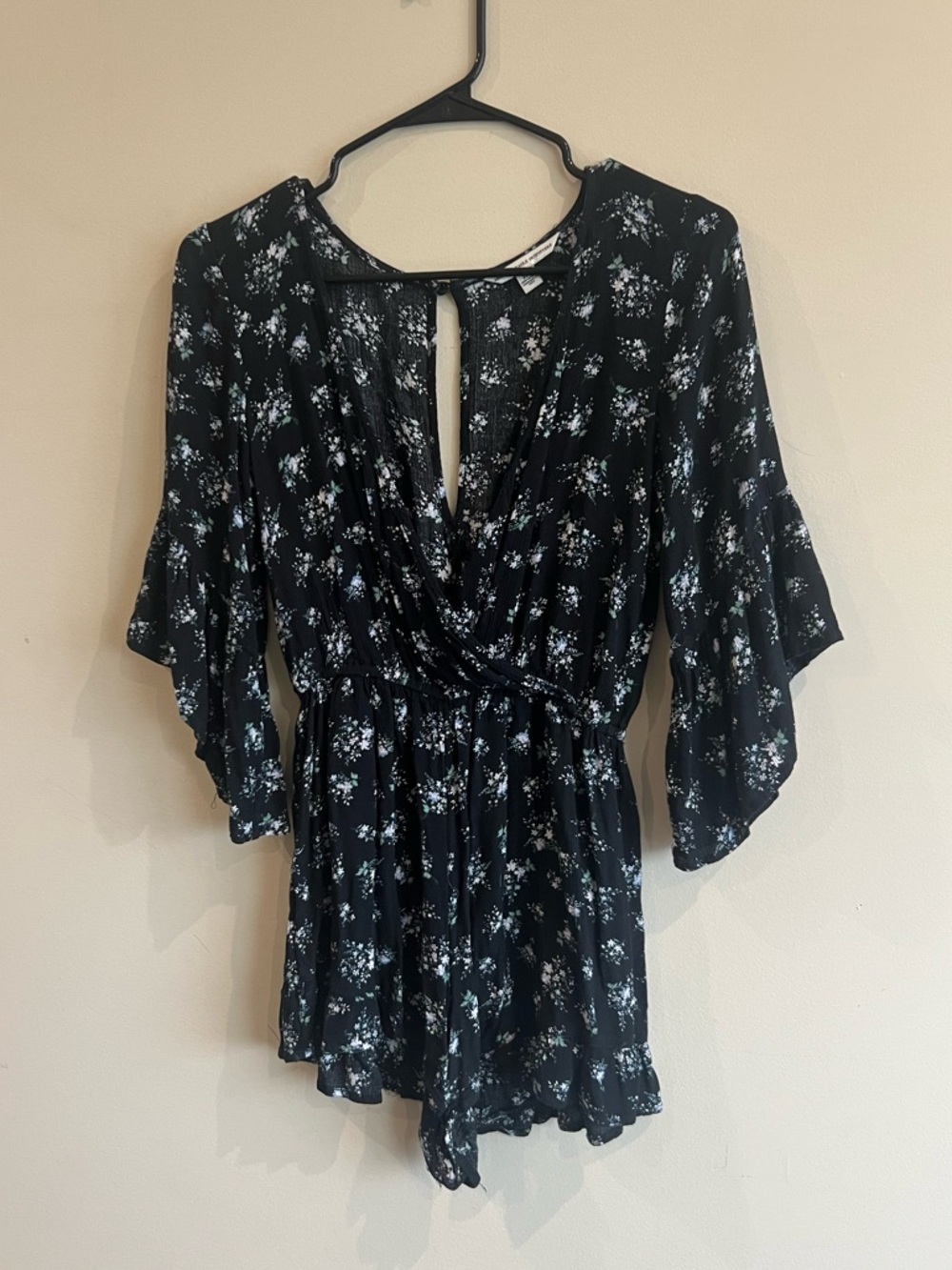 American Eagle Outfitters Black & Blue Floral Wrap Romper